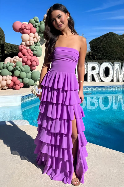 Purple Strapless A Line Chiffon Long Prom Dress With Ruffles  P213