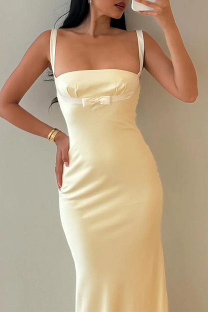 Yellow Square Neck Mermaid Satin Long Prom Dresses With Bowknot  P214