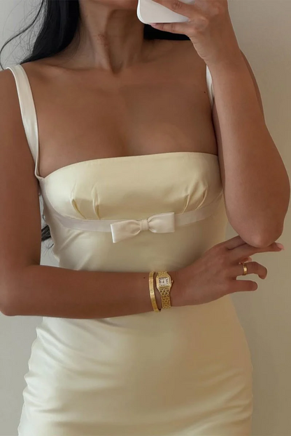 Yellow Square Neck Mermaid Satin Long Prom Dresses With Bowknot  P214