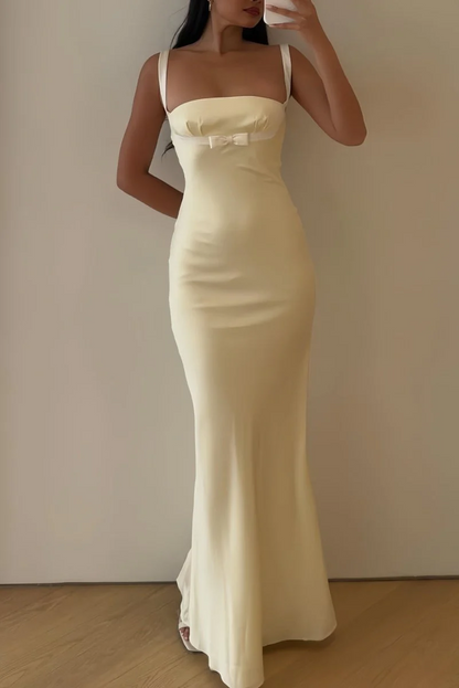 Yellow Square Neck Mermaid Satin Long Prom Dresses With Bowknot  P214
