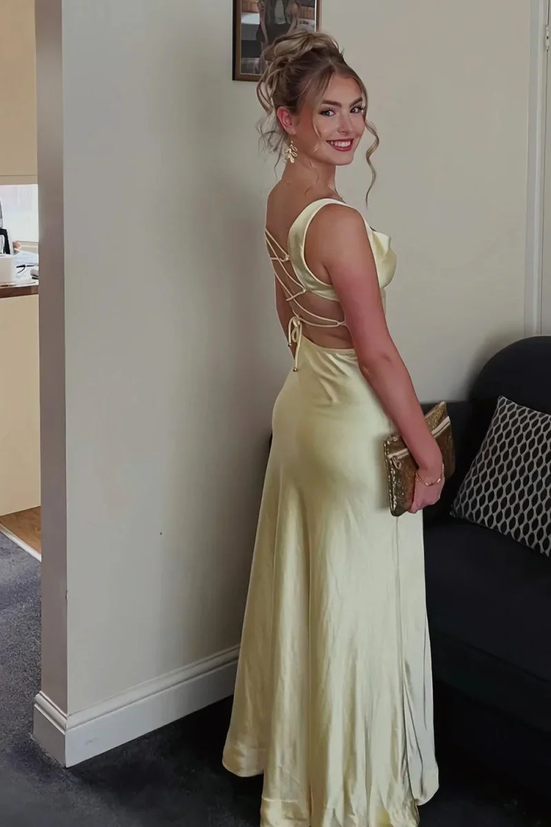 Red A-Line Square Neck Satin Long Prom Dresses With Slit  P215
