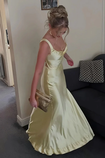 Red A-Line Square Neck Satin Long Prom Dresses With Slit  P215