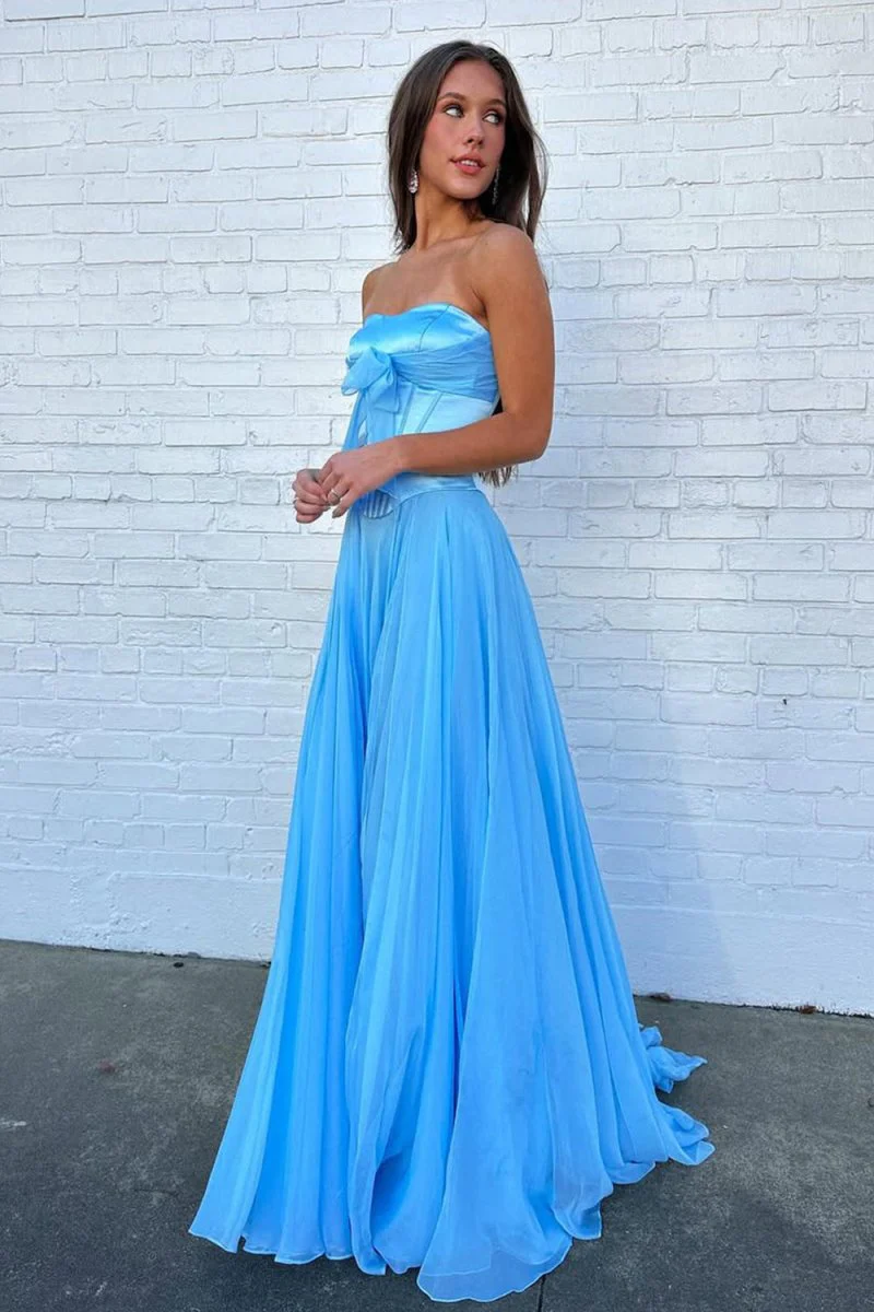 A Line Blue Strapless Chiffon Long Prom Dress With Bow  P216