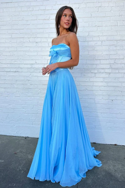 A Line Blue Strapless Chiffon Long Prom Dress With Bow  P216