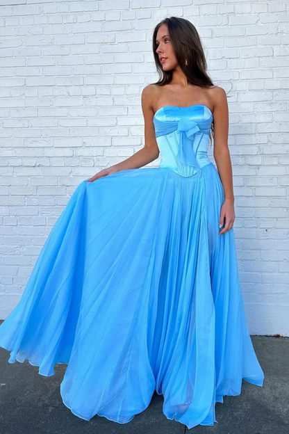 A Line Blue Strapless Chiffon Long Prom Dress With Bow  P216