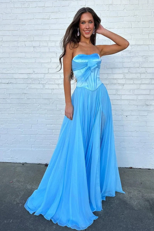 A Line Blue Strapless Chiffon Long Prom Dress With Bow  P216