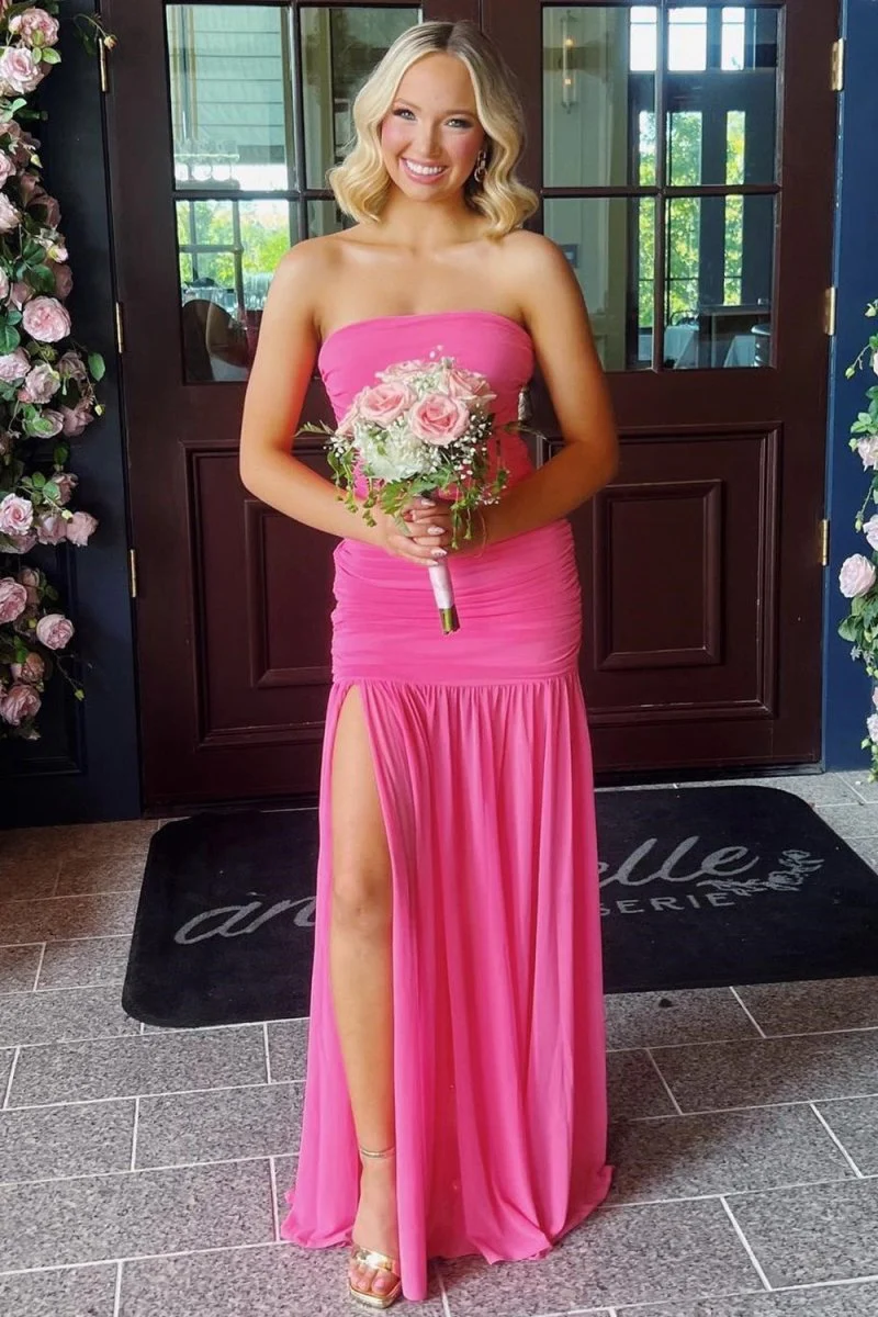 Hot Pink Sheath Strapless Pleated Chiffon Long Prom Dresses  P217