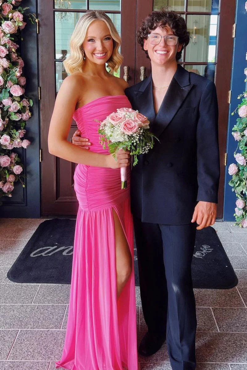 Hot Pink Sheath Strapless Pleated Chiffon Long Prom Dresses  P217