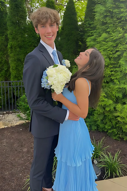 Blue A-Line Chiffon Pleated Ruffles Long Prom Dresses   P218
