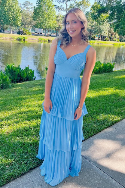 Blue A-Line Chiffon Pleated Ruffles Long Prom Dresses   P218