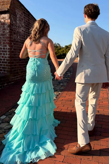 Spaghetti Straps Mermaid Lace Appliqued Prom Dresses With Ruffles  P219