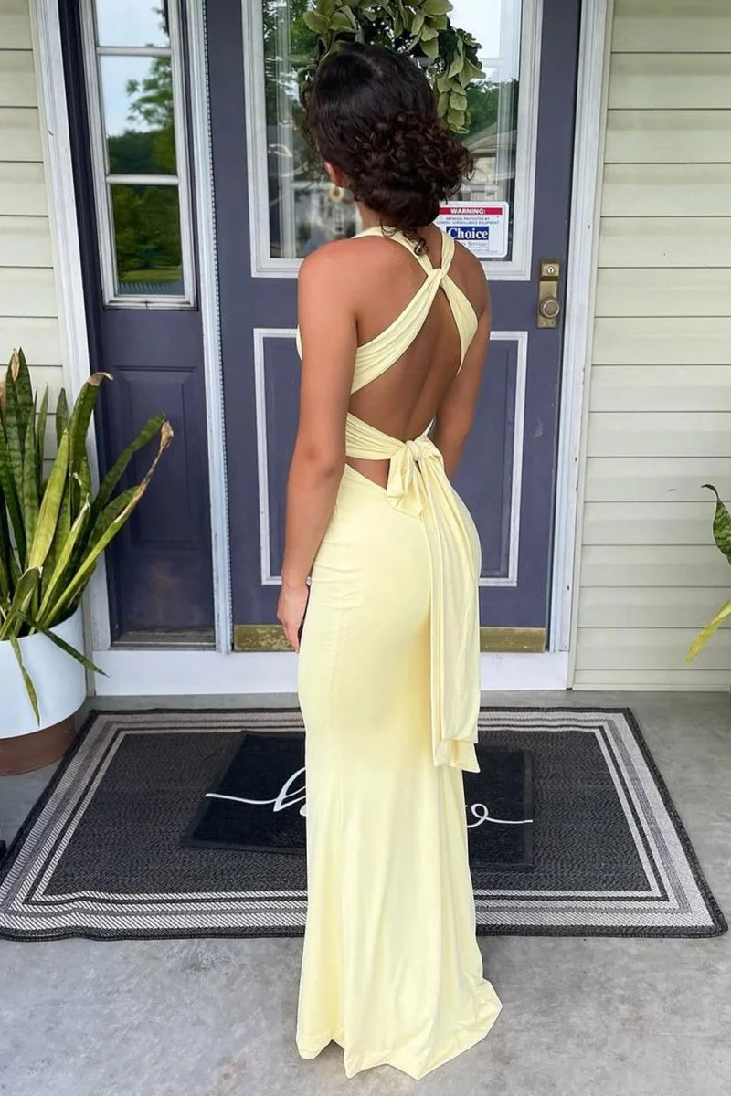 Halter Mermaid Yellow Open Back Long Prom Dresses  P220