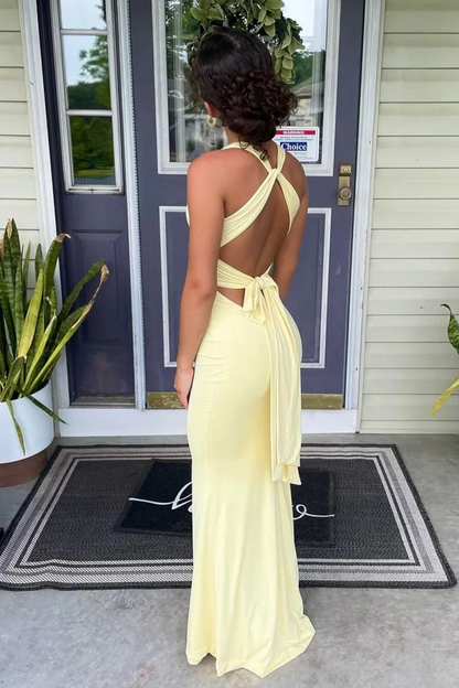 Halter Mermaid Yellow Open Back Long Prom Dresses  P220