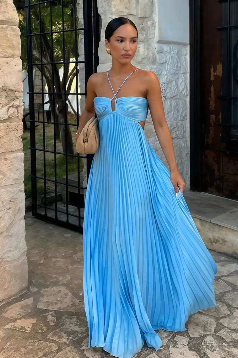 Sky Blue Halter Pleated Satin A Line Prom Dresses  P222