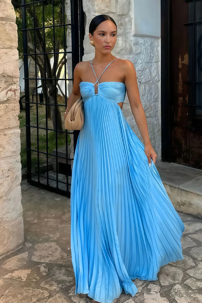 Sky Blue Halter Pleated Satin A Line Prom Dresses  P222