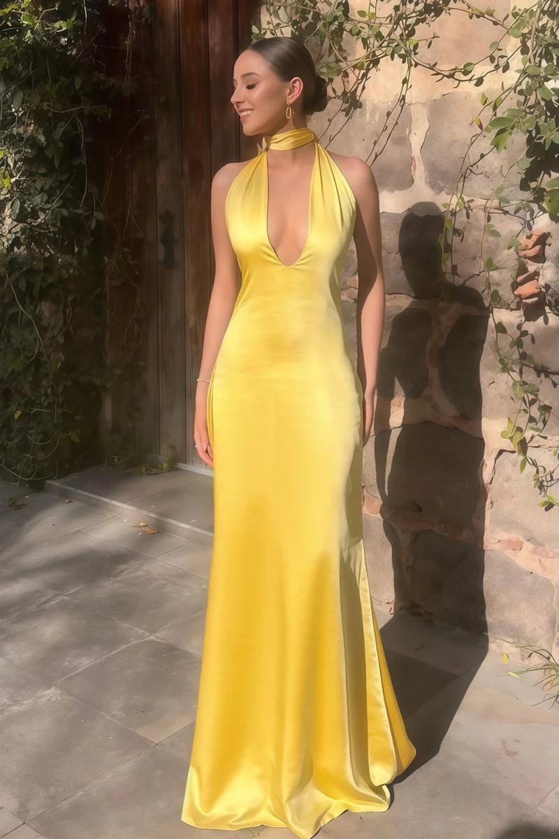 Yellow Halter Deep V Neck Satin Sheath Backless Long Prom Dresses  P223