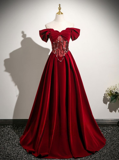 Off The Shoulder Burgundy Velvet Prom Dress Evening Dress  P224