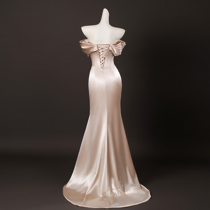 Champagne Mermaid Satin Off the Shoulder Prom Dress  P225