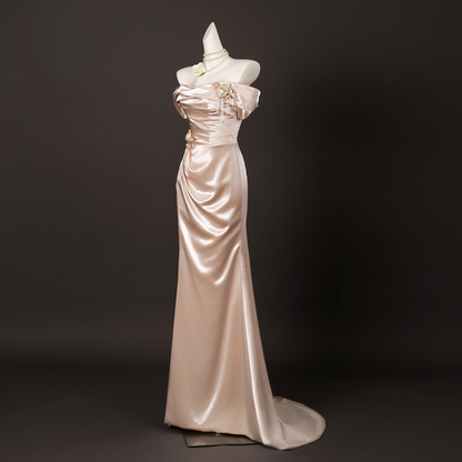 Champagne Mermaid Satin Off the Shoulder Prom Dress  P225