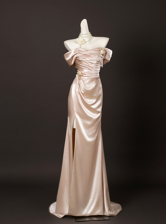 Champagne Mermaid Satin Off the Shoulder Prom Dress  P225