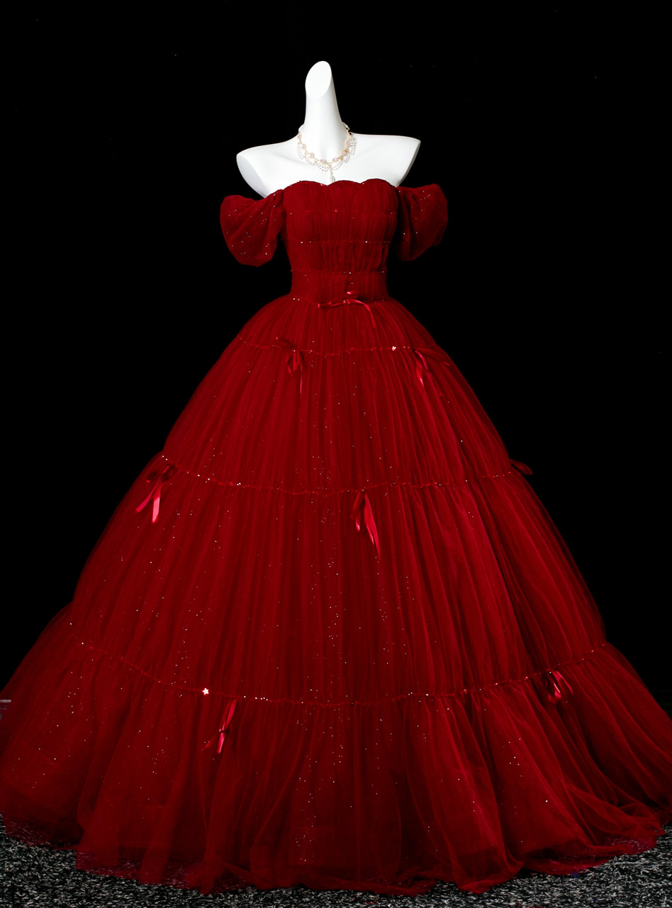 Off The Shoulder Burgundy Tulle Prom Dress A Line Formal Party Dress  P226