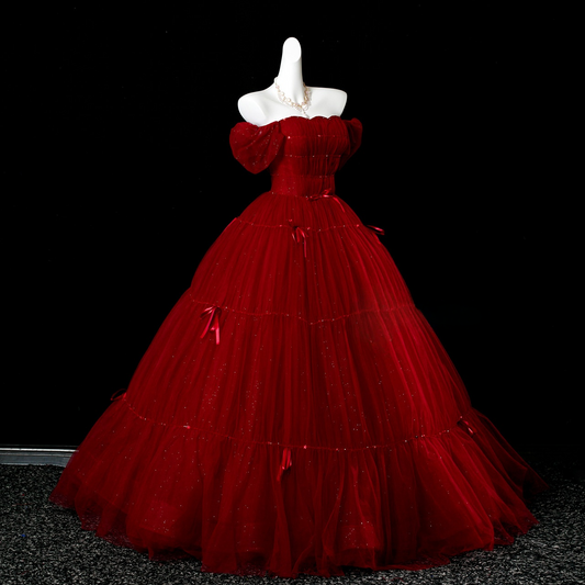 Off The Shoulder Burgundy Tulle Prom Dress A Line Formal Party Dress  P226