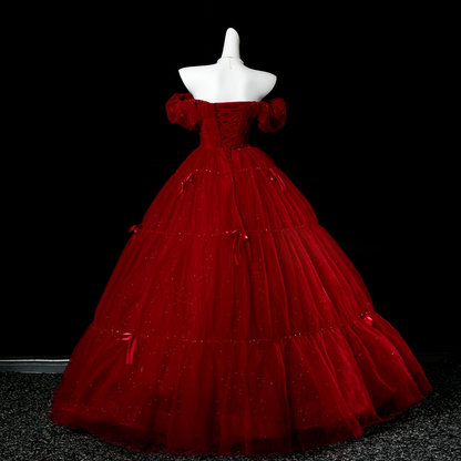Off The Shoulder Burgundy Tulle Prom Dress A Line Formal Party Dress  P226