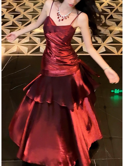 Spaghetti Straps Burgundy Ruffle Prom Dress Formal Party Dress Evening Dress  P23