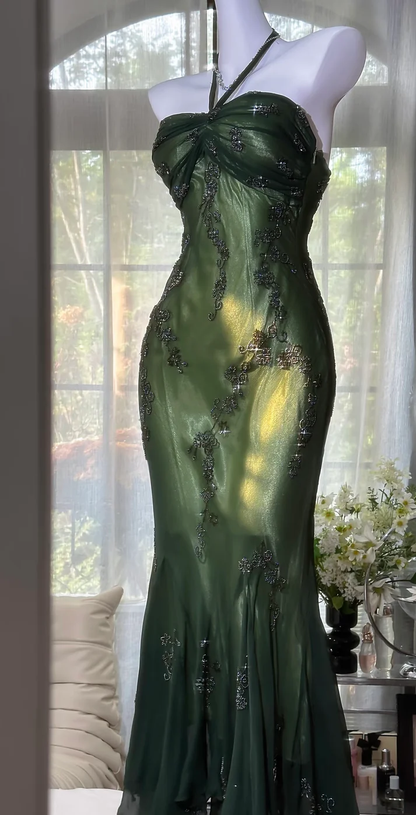 Halter Beading Prom Dress Green Vintage Formal Dress  P230