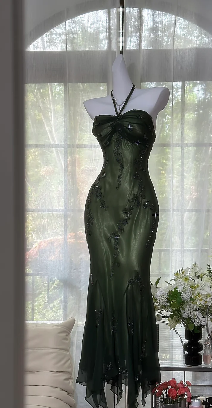 Halter Beading Prom Dress Green Vintage Formal Dress  P230
