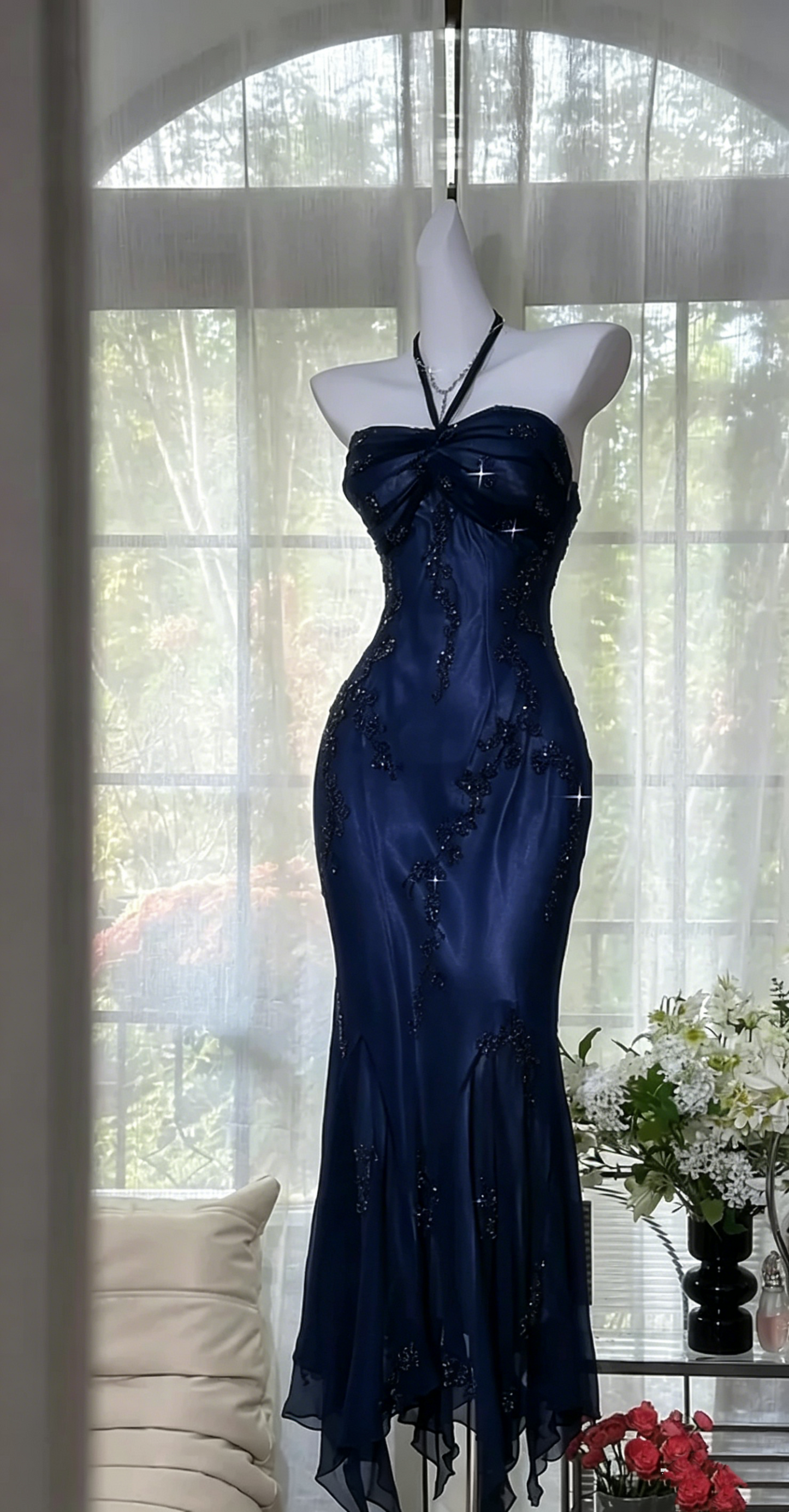 Halter Beading Prom Dress Green Vintage Formal Dress  P230
