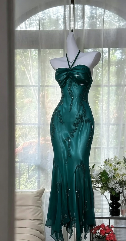 Halter Beading Prom Dress Green Vintage Formal Dress  P230