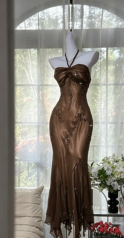 Halter Beading Prom Dress Green Vintage Formal Dress  P230