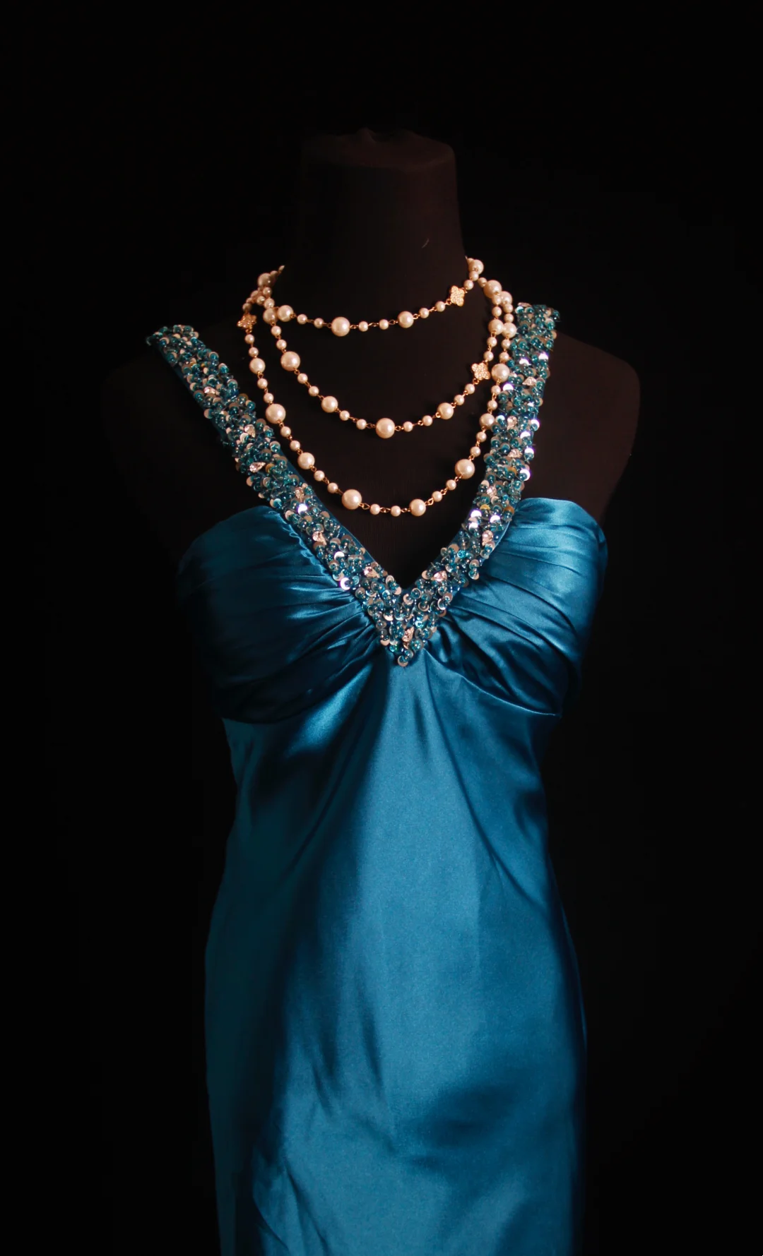 Sequin V Neck Blue Prom Dress Satin Formal Dress Evening Dress P235