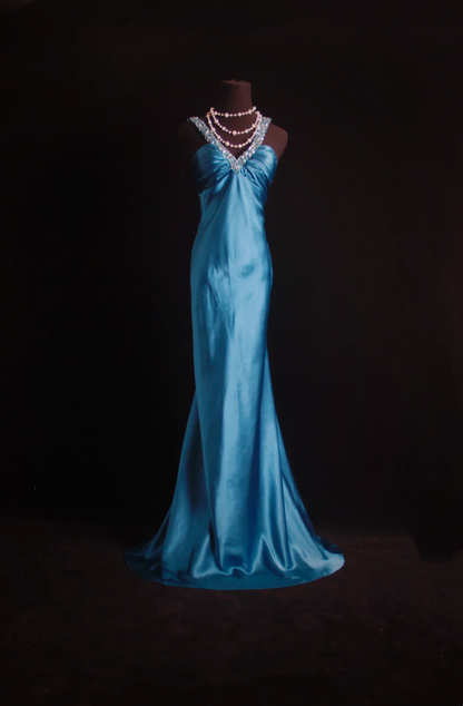 Sequin V Neck Blue Prom Dress Satin Formal Dress Evening Dress P235