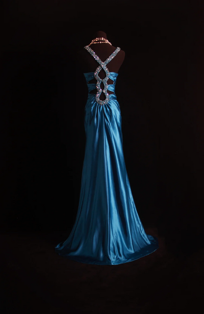 Sequin V Neck Blue Prom Dress Satin Formal Dress Evening Dress P235