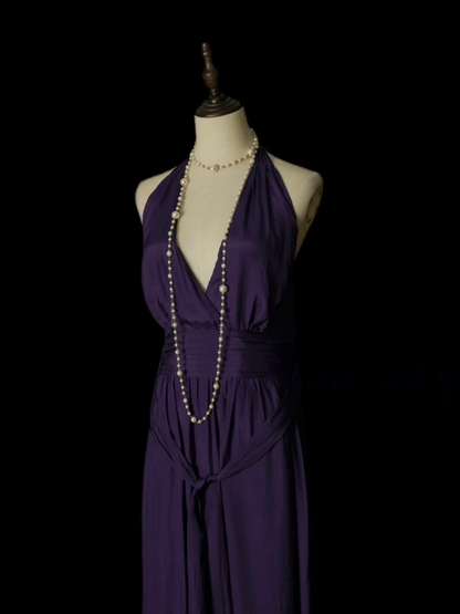 V Neck Purple Satin Prom Dress Formal Wedding Guest Dress  P241
