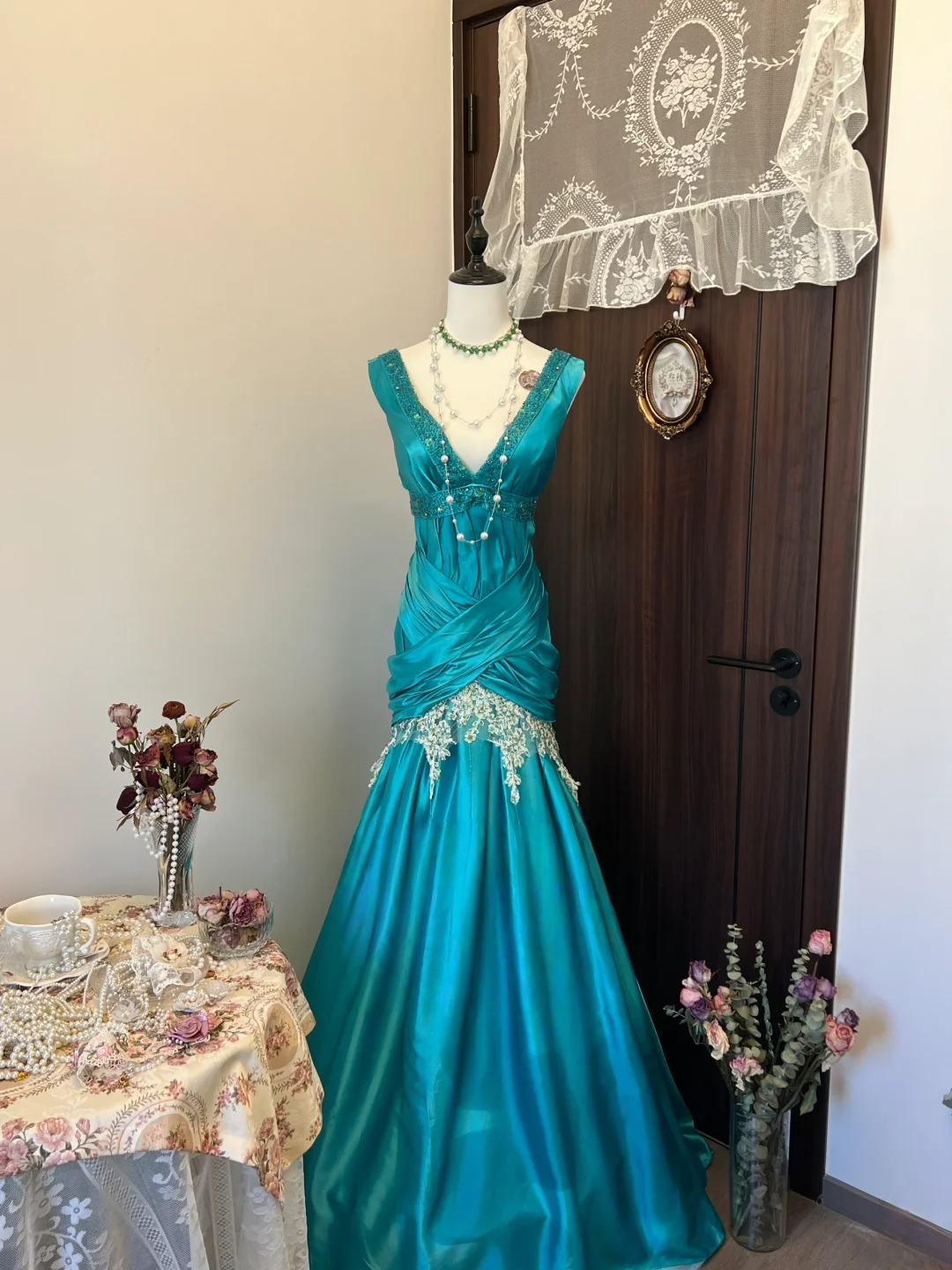 Sequin V Neck Blue Prom Dress With Applique Satin Evening Dress  P246