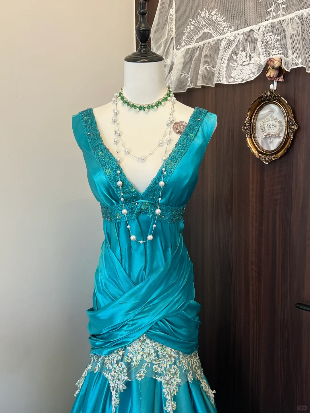 Sequin V Neck Blue Prom Dress With Applique Satin Evening Dress  P246