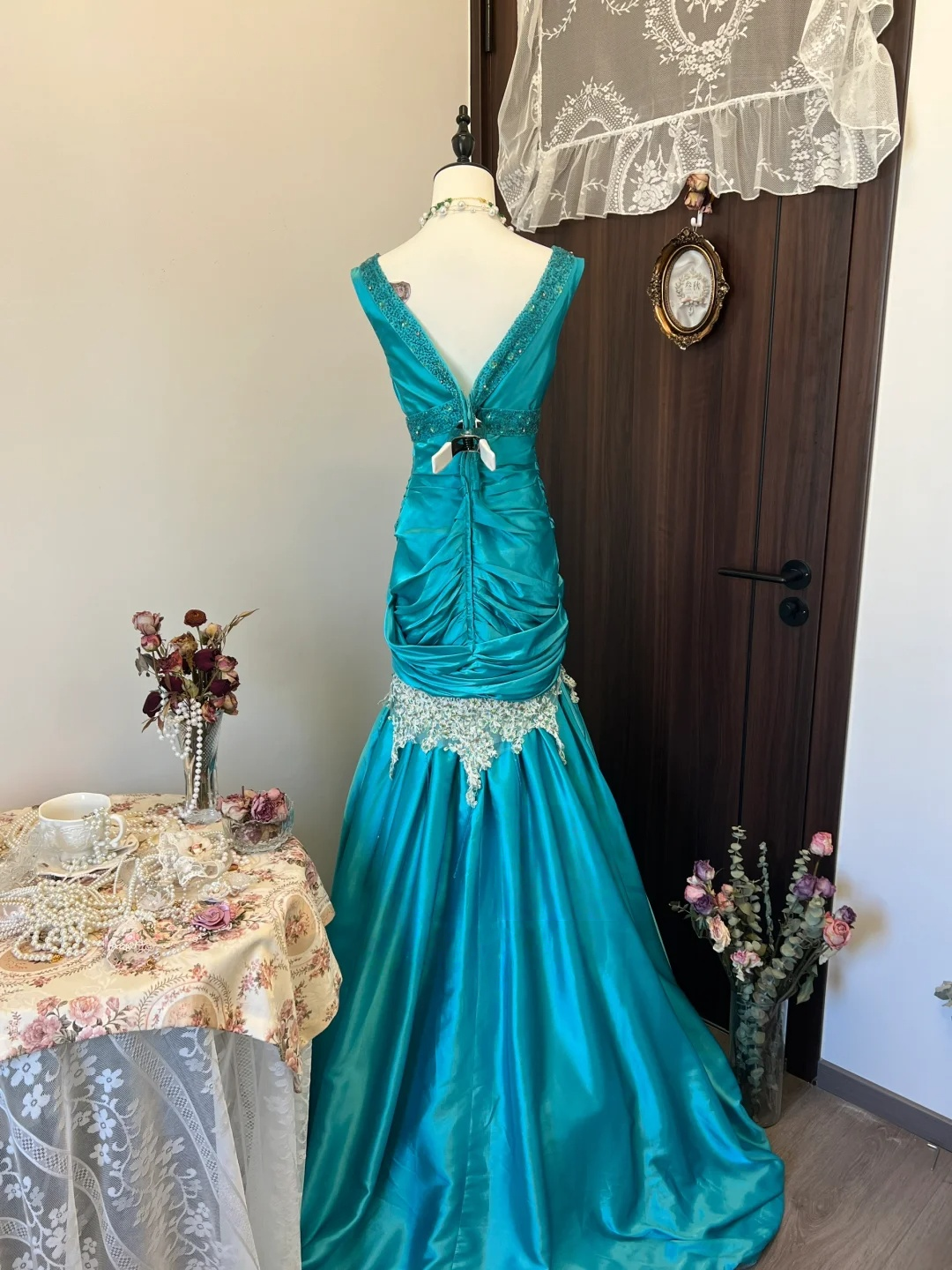 Sequin V Neck Blue Prom Dress With Applique Satin Evening Dress  P246