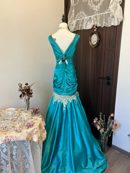 Sequin V Neck Blue Prom Dress With Applique Satin Evening Dress  P246