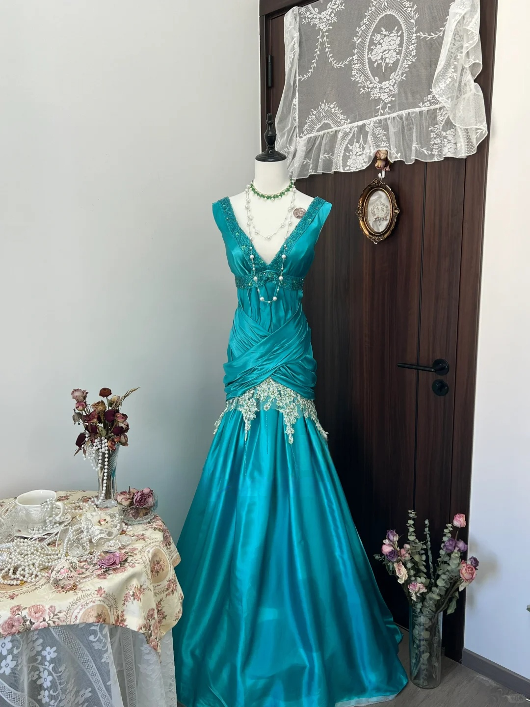 Sequin V Neck Blue Prom Dress With Applique Satin Evening Dress  P246
