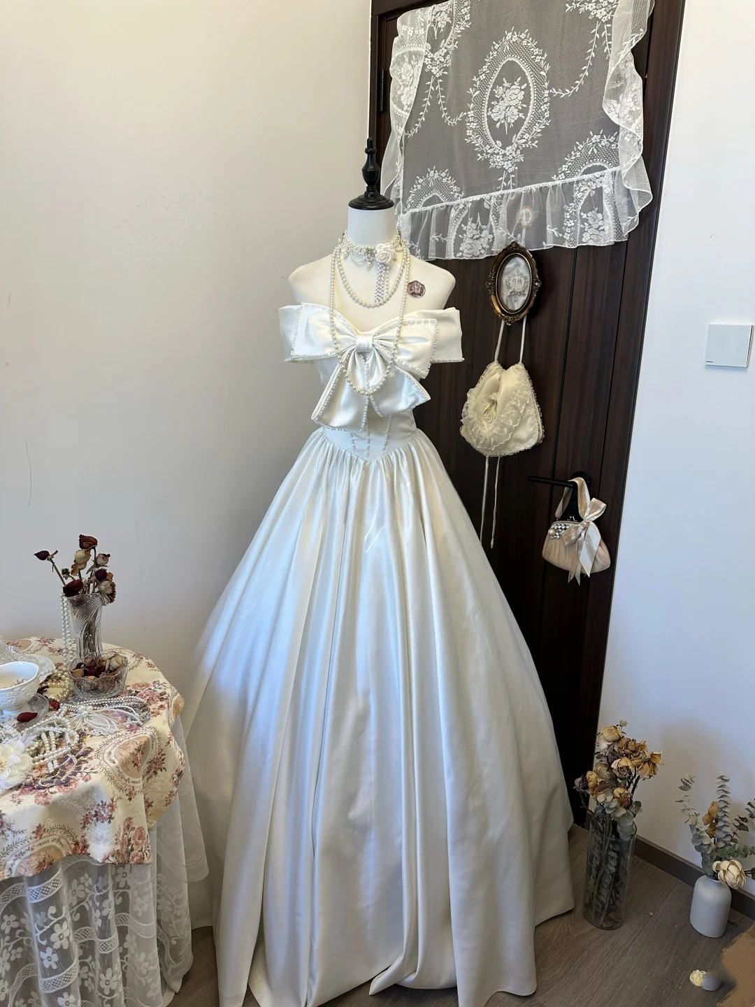 Off The Shoulder Ivory Birthday Dress With Pearl Bow Cute Wedding Dress For Bridal  P248