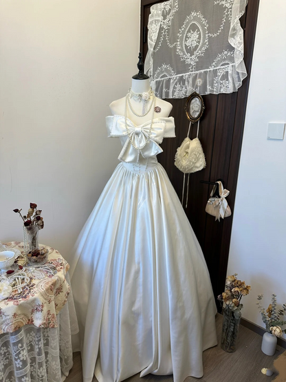 Off The Shoulder Ivory Birthday Dress With Pearl Bow Cute Wedding Dress For Bridal  P248