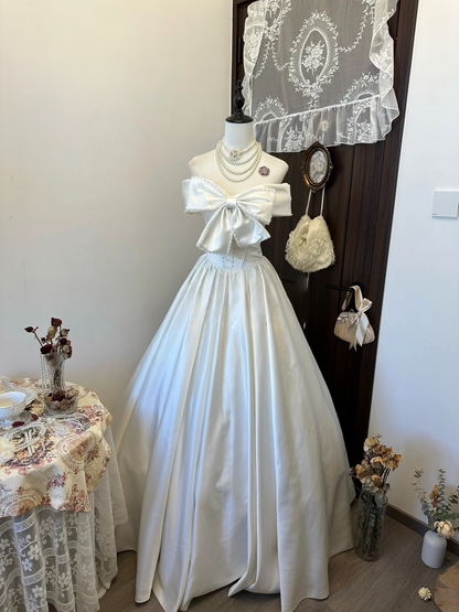 Off The Shoulder Ivory Birthday Dress With Pearl Bow Cute Wedding Dress For Bridal  P248