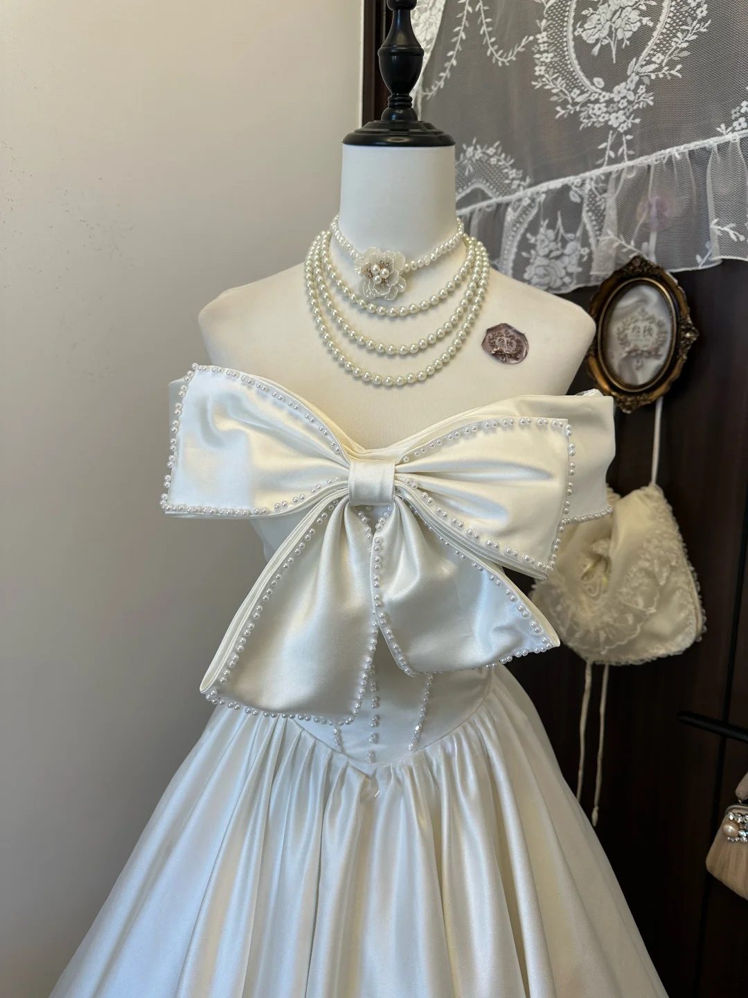 Off The Shoulder Ivory Birthday Dress With Pearl Bow Cute Wedding Dress For Bridal  P248