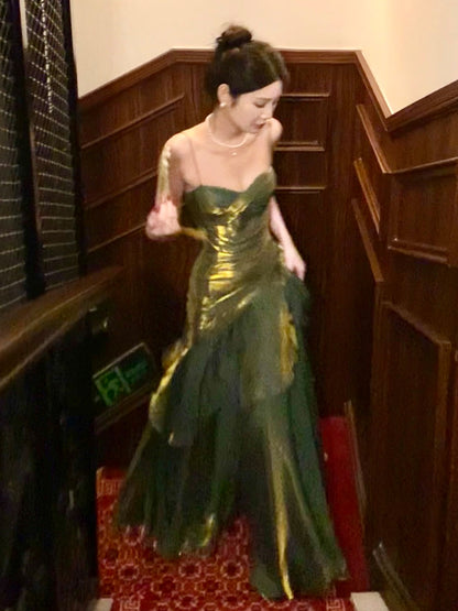 Spaghetti Strap Green Ruffle Prom Dress Formal Party Dress Evening Dress  P25