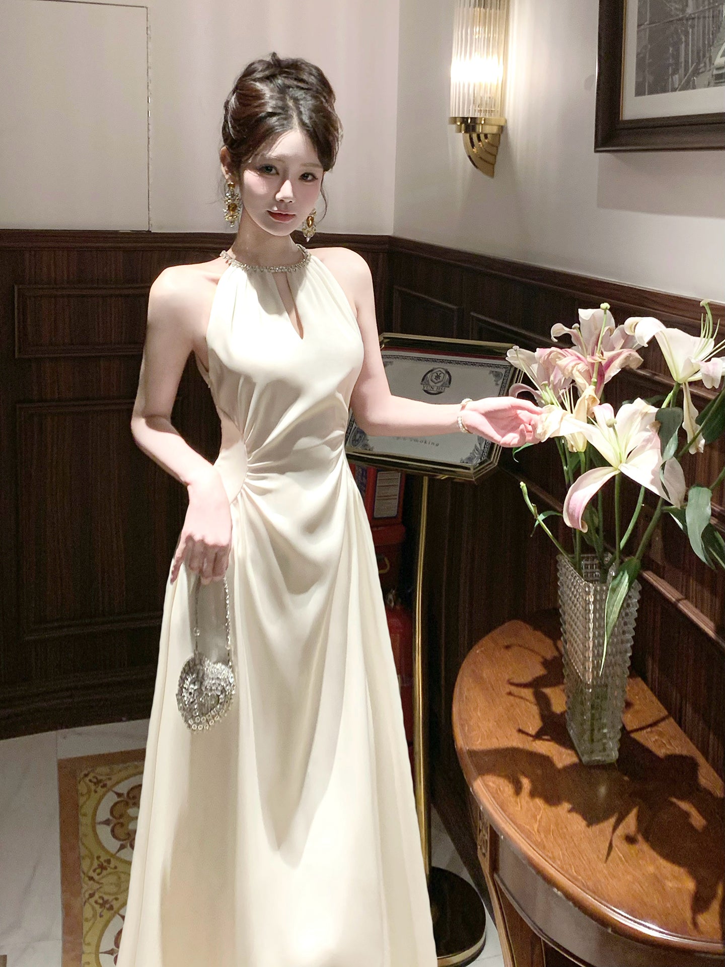 Beaded Halter Ivory Evening Dress Birthday Dress Formal Party Dress  P26