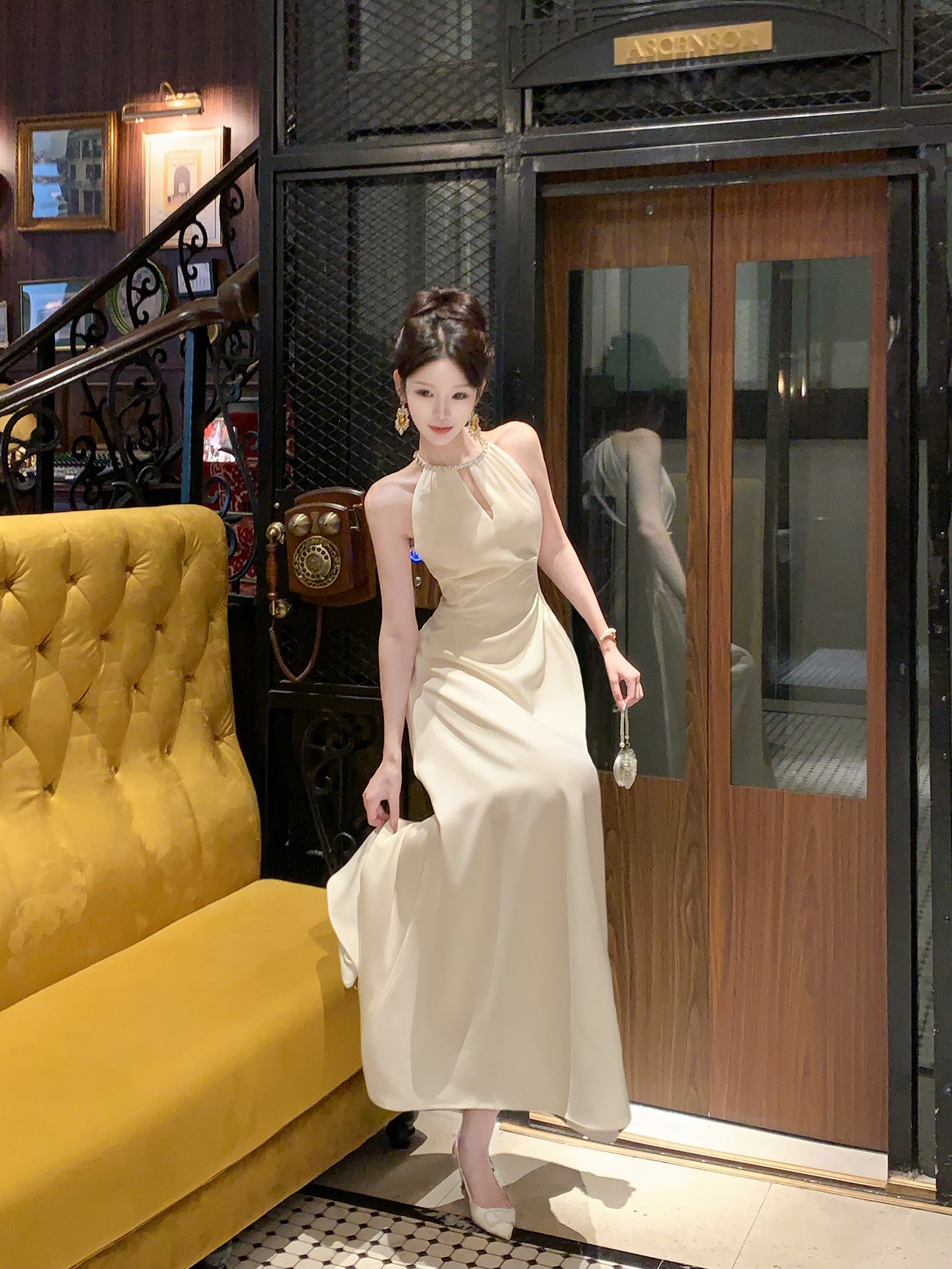 Beaded Halter Ivory Evening Dress Birthday Dress Formal Party Dress  P26