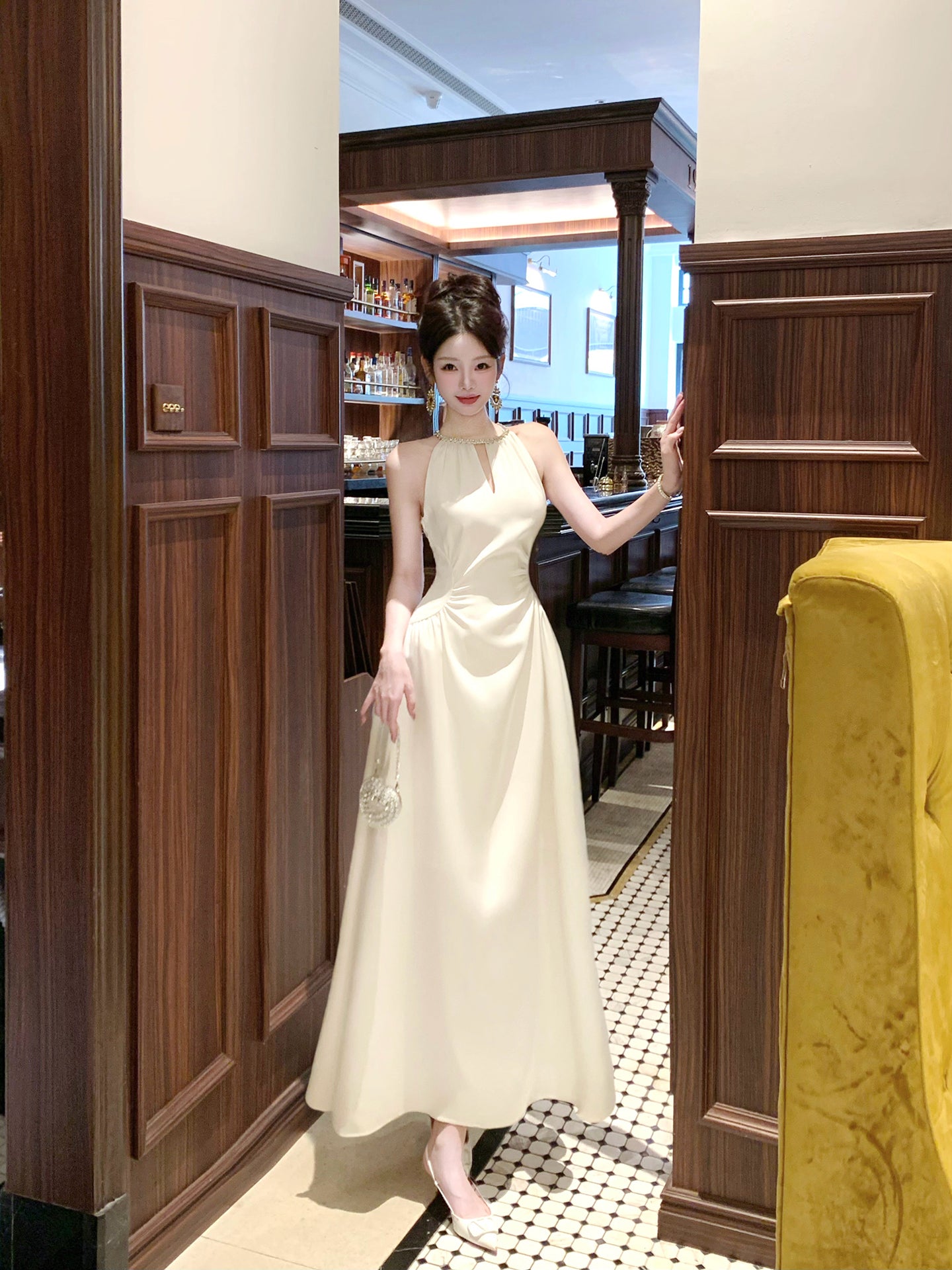 Beaded Halter Ivory Evening Dress Birthday Dress Formal Party Dress  P26